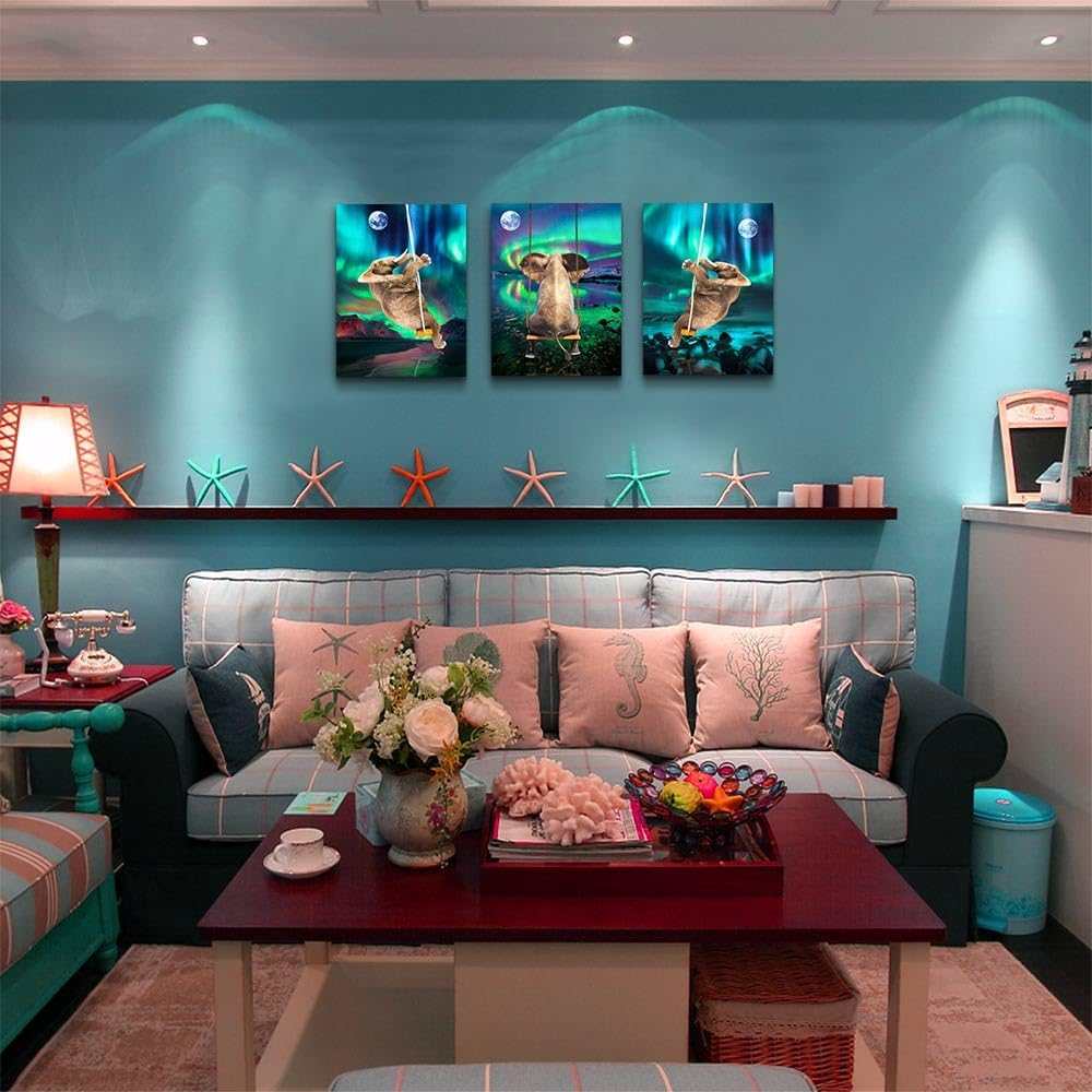 3-Piece Framed Canvas Wall Art for Bedroom and Living Room - Fashionable Office Decor, Aurora Scenery with Elephant Theme - Modern Home Posters and Artwork