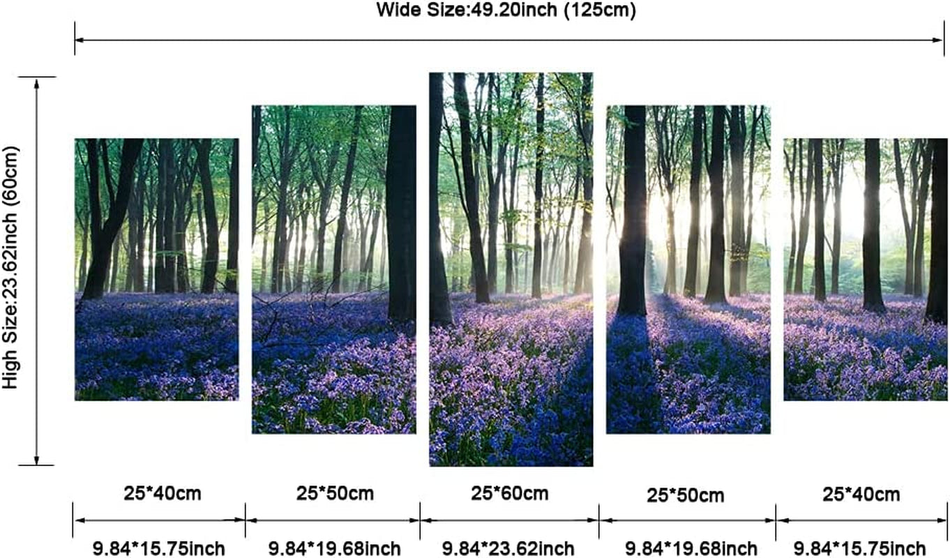 Early Morning Lavender Canvas Prints Wall Art Purple Floral Pictures Paintings for Bedroom Kitchen Bathroom Home Decor Modern 5 Panels Stretched and Framed Flowers Landscape Giclee Artwork