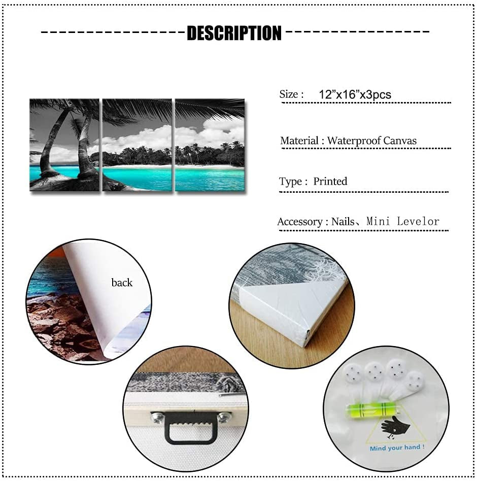 3 Panels Teal Canvas Wall Art Black and White Hawaii Beach Pictures Tropical Palm Tree Artwork Giclee Prints for Bathroom Office Wall Decoration Framed Ready to Hang Each Piece 12"X16"