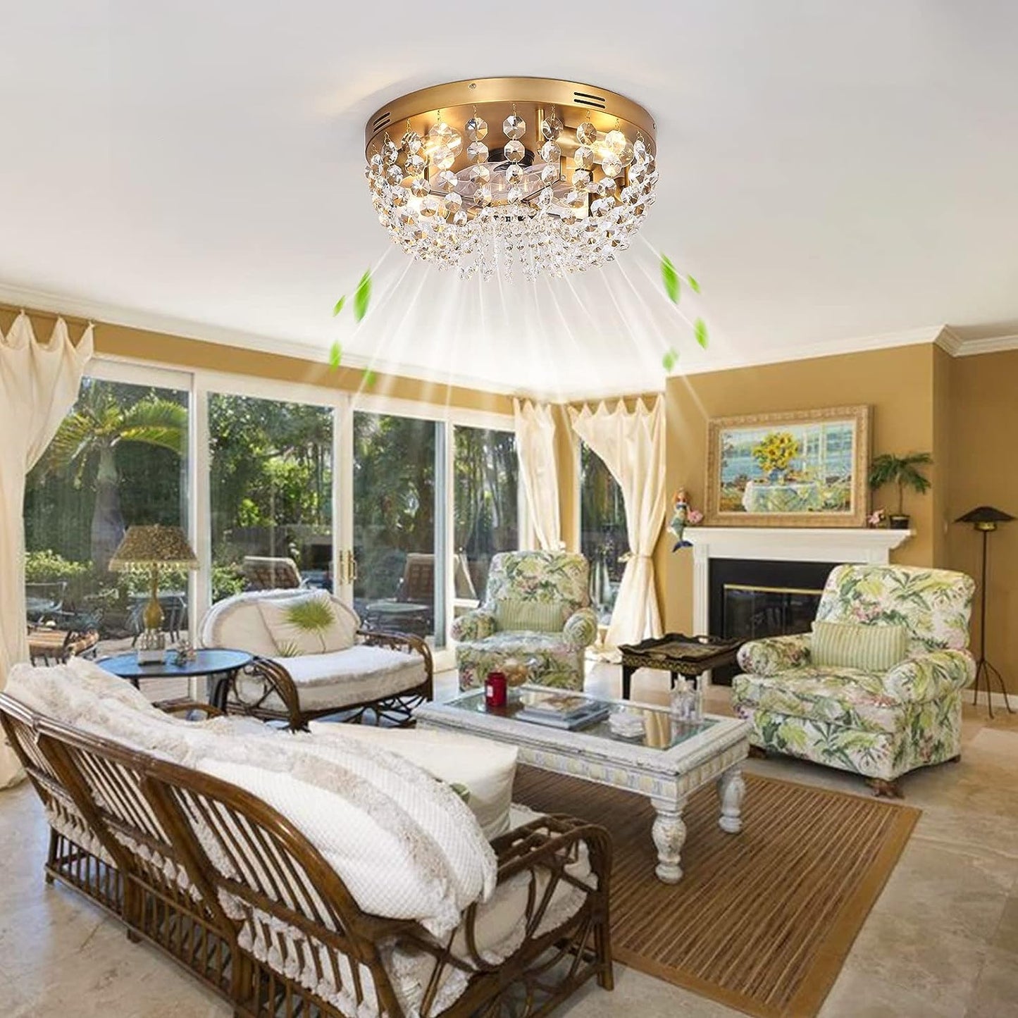 Ceiling Fan with Light Flush Mount Modern, Small Low Profile Boho Ceiling Fan with Light Remote Control, Crystal Caged Ceiling Fan with Smart Lighting /6 Speed/Timing for Bedroom Living Room(Gold)