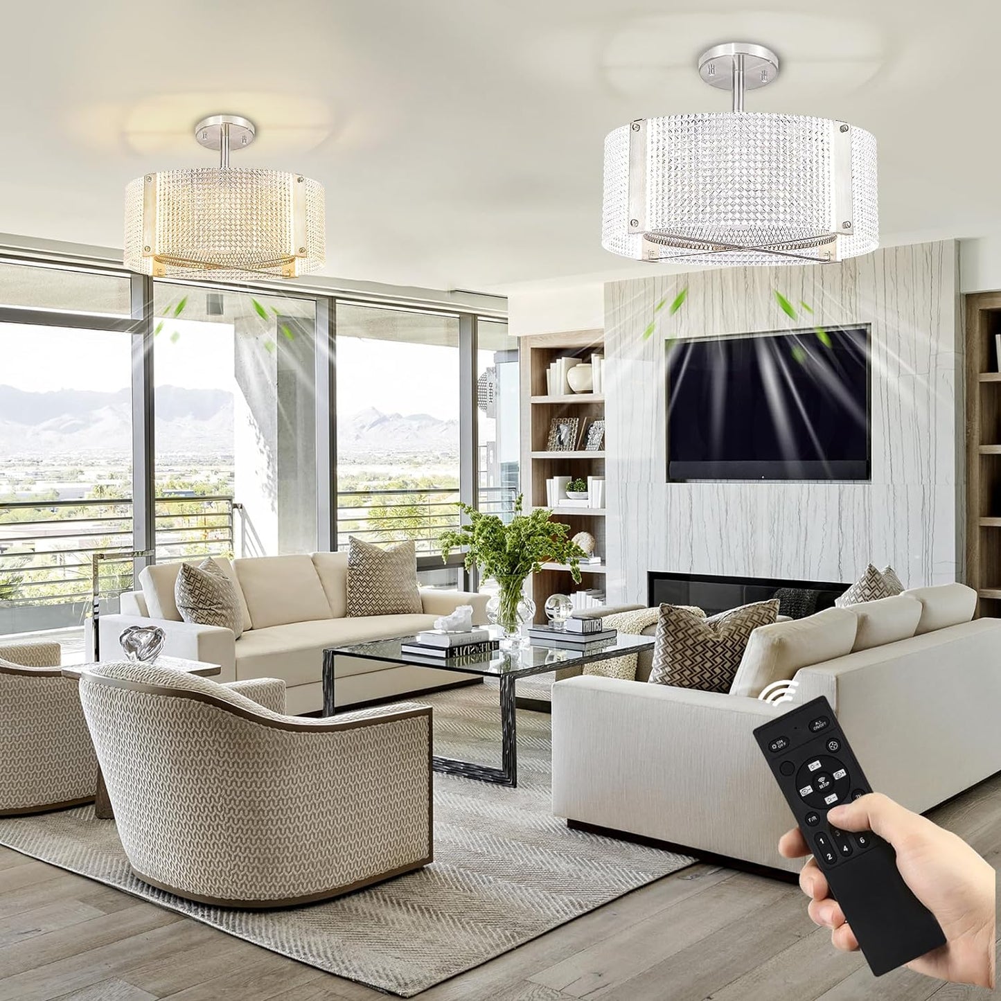 Ceiling Fans with Lights, Crystal Modern Flush Mount Ceiling Fan with Remote Control, Dimmable LED 6 Wind Speeds Low Profile Caged Ceiling Fan with Light for Bedroom Living Room