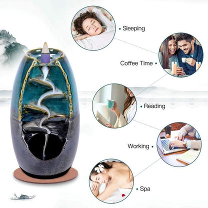 Ceramic Backflow Incense Holder and Burner Waterfall, with 120 Backflow Incense Cones + 30 Ince