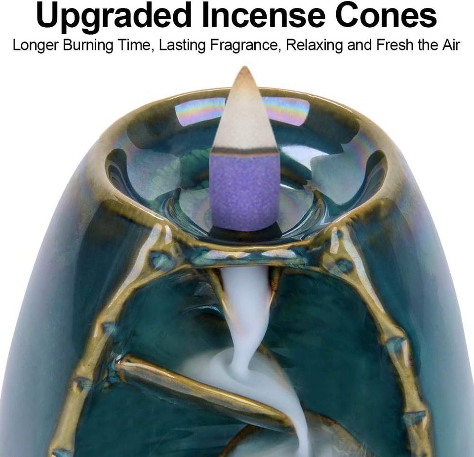 Ceramic Backflow Incense Holder and Burner Waterfall, with 120 Backflow Incense Cones + 30 Ince