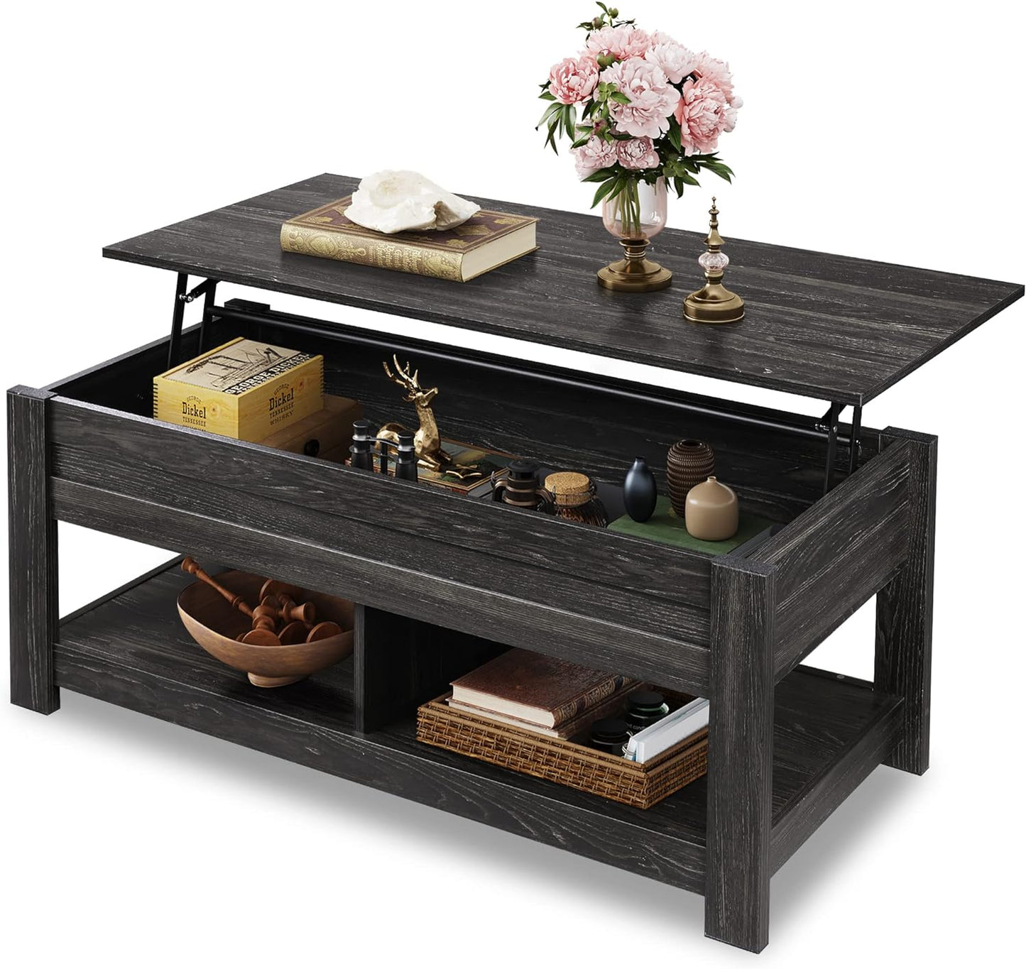 Modern Lift Top Coffee Table,Rustic Coffee Table with Storage Shelf and Hidden Compartment,Wood Lift Tabletop