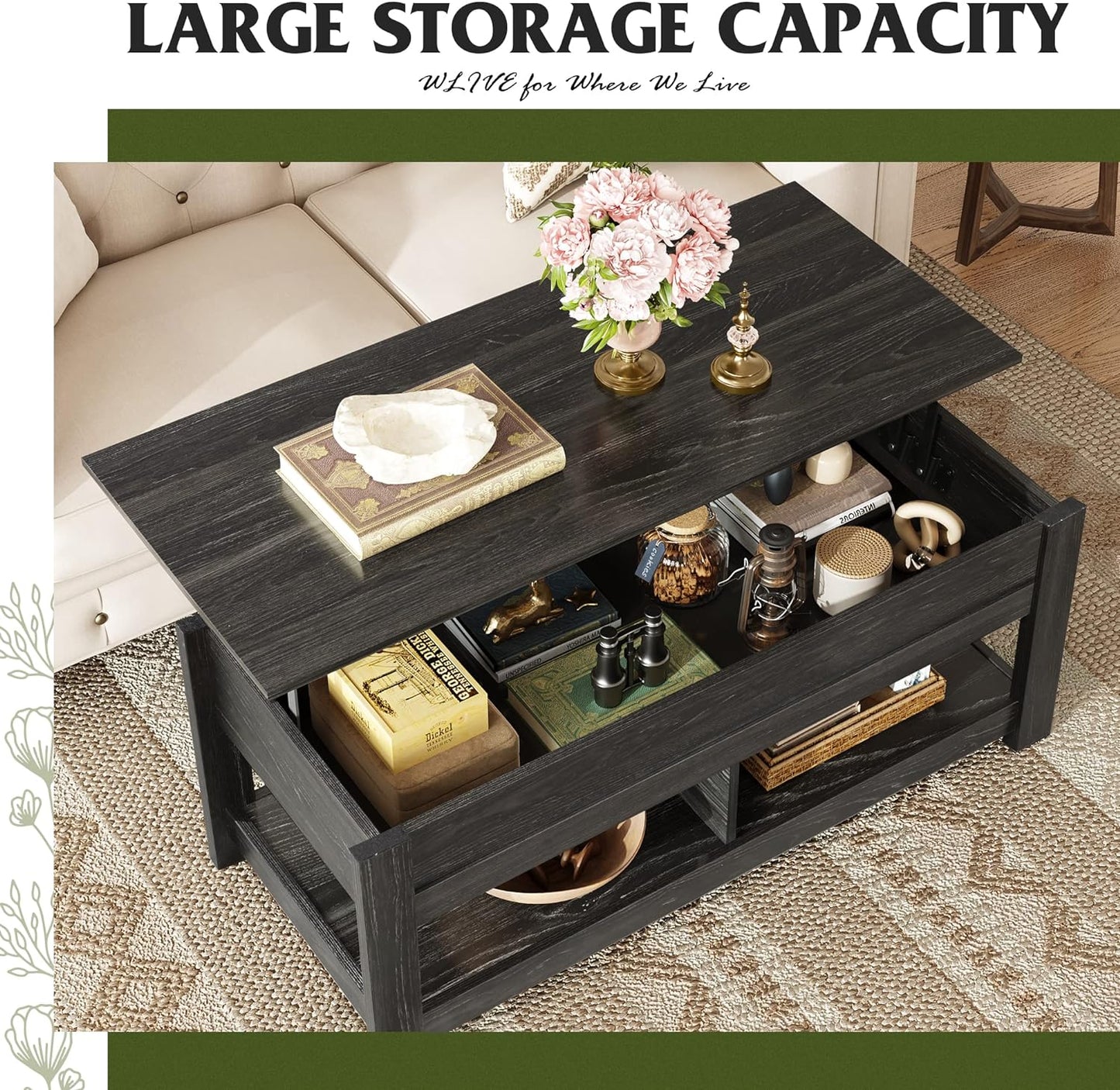 Modern Lift Top Coffee Table,Rustic Coffee Table with Storage Shelf and Hidden Compartment,Wood Lift Tabletop