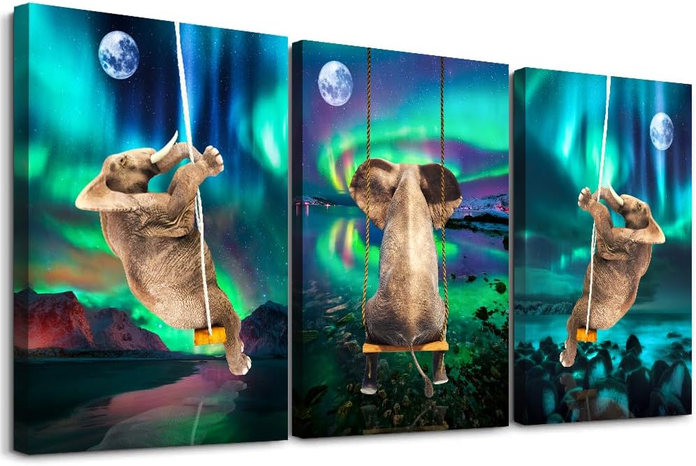 3-Piece Framed Canvas Wall Art for Bedroom and Living Room - Fashionable Office Decor, Aurora Scenery with Elephant Theme - Modern Home Posters and Artwork