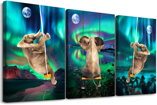 3-Piece Framed Canvas Wall Art for Bedroom and Living Room - Fashionable Office Decor, Aurora Scenery with Elephant Theme - Modern Home Posters and Artwork