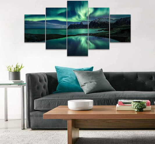 Aurora Borealis Wall Art Painting for Office Bedroom Scenery Landscape Canvas Print Framed Northern Lights Artwork Ready to Hang(60Wx32H