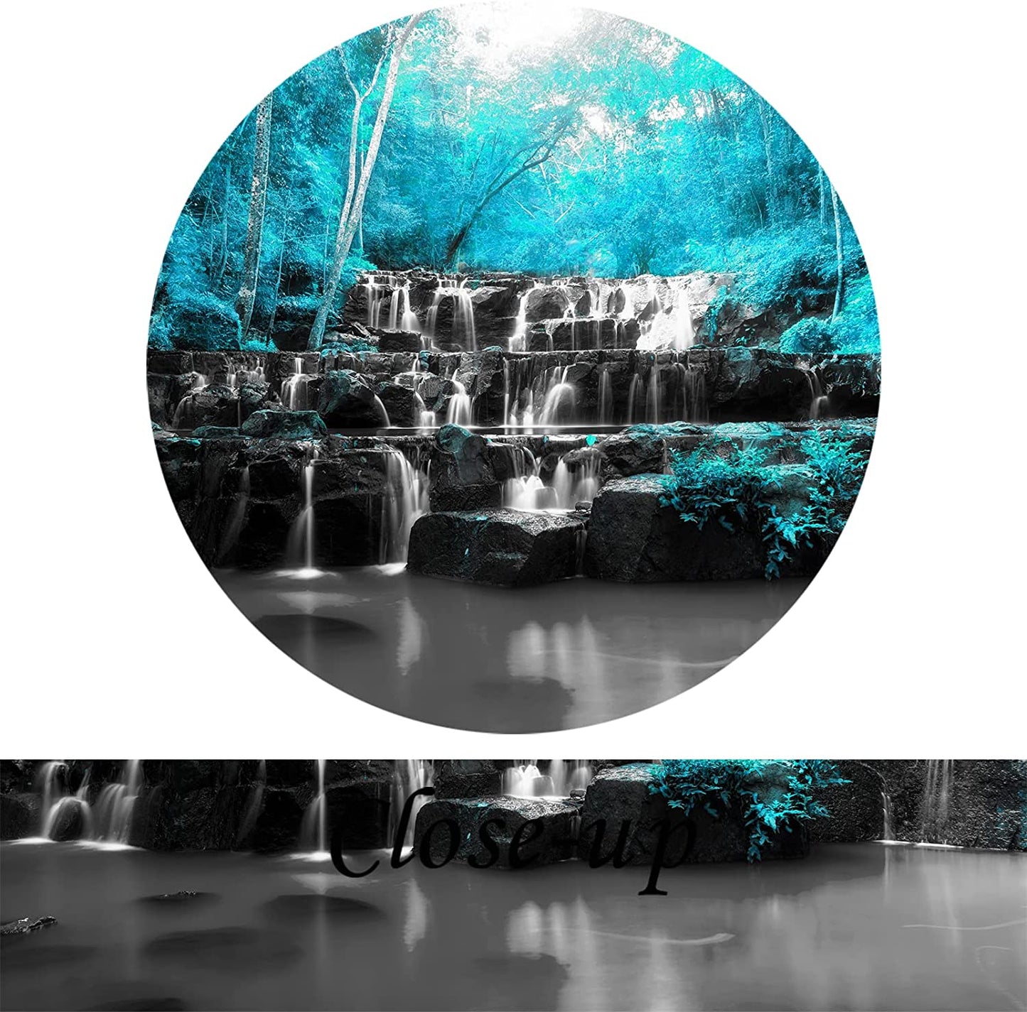 Large 3 Panel Landscape Black White Teal Blue Forest Waterfall Canvas Wall Art Tree Nature Picture Prints Gallery Wrapped Ready to Hang for Living Room Office Each Panel 16X32 Inches (Blue)