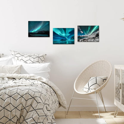 3 Pieces Green Blue Aurora Wall Art Northern Light Canvas Prints on Picture Aurora Borealis Nature Starry Scenery Landscape Painting Modern Wall Decor for Home Bathroom Bedroom Ready to Hang