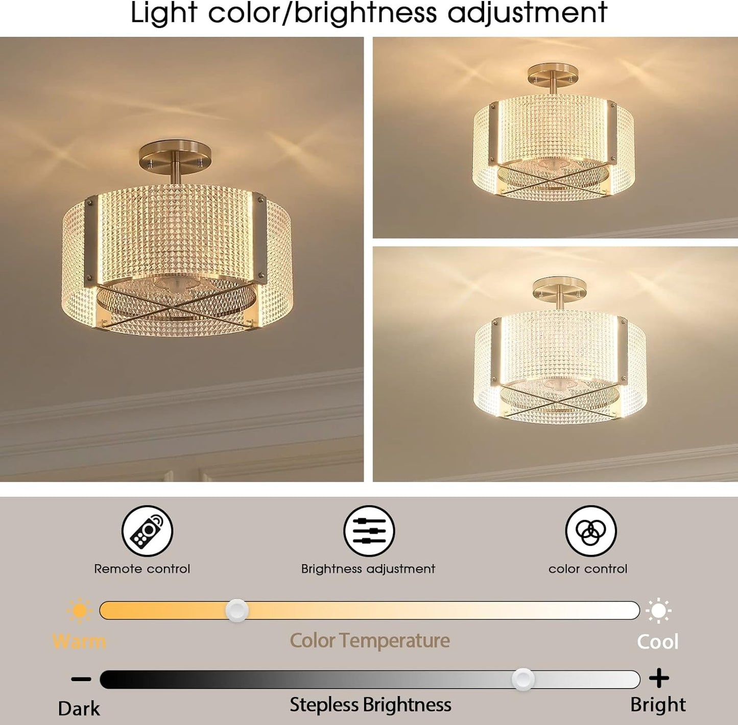 Ceiling Fans with Lights, Crystal Modern Flush Mount Ceiling Fan with Remote Control, Dimmable LED 6 Wind Speeds Low Profile Caged Ceiling Fan with Light for Bedroom Living Room