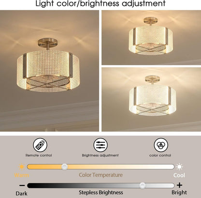 Ceiling Fans with Lights, Crystal Modern Flush Mount Ceiling Fan with Remote Control, Dimmable LED 6 Wind Speeds Low Profile Caged Ceiling Fan with Light for Bedroom Living Room