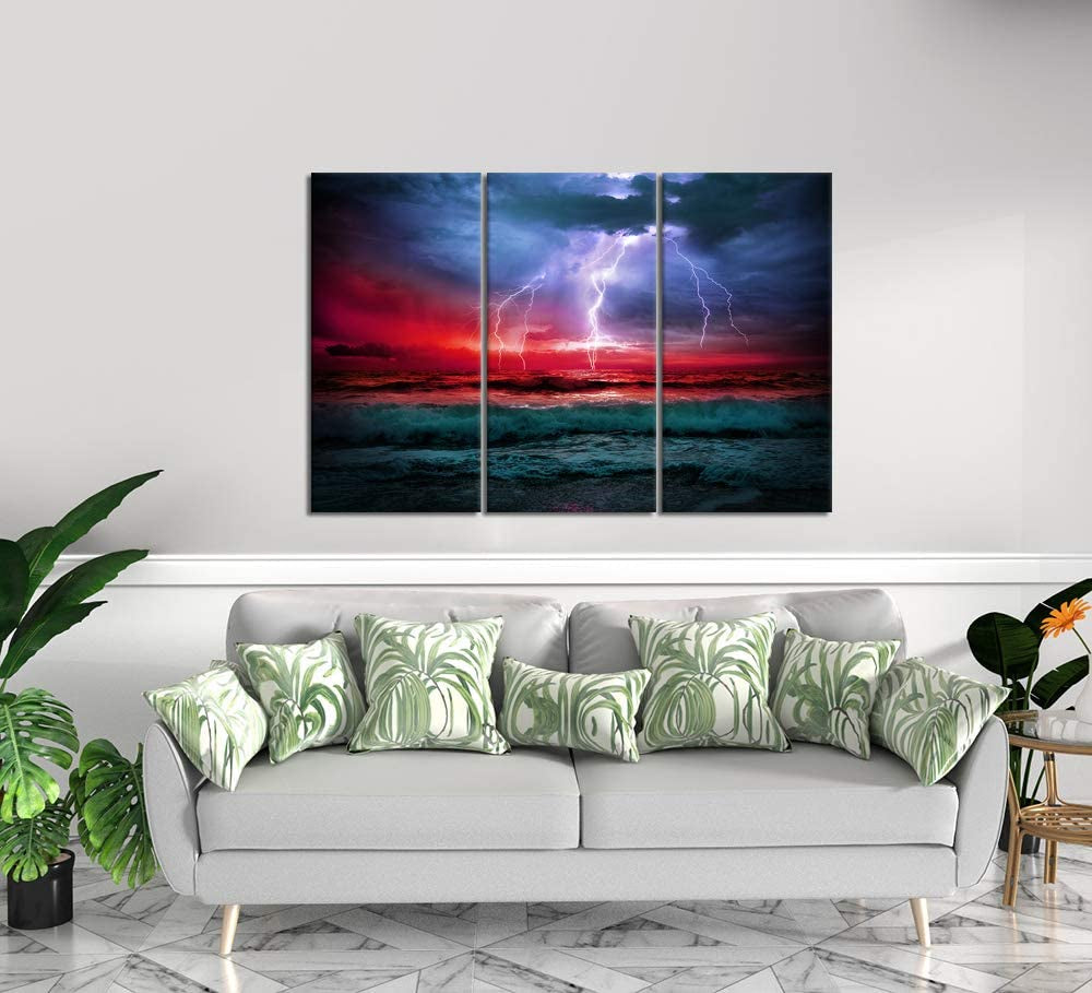 3 Piece Storm Sea Canvas Print Wall Art Ocean Wave Pictures Nature Lightning Paiting Prints Seascape Home Decor Stretched for Home Living Room Office Wall Decoration 16"X32"X3Pcs