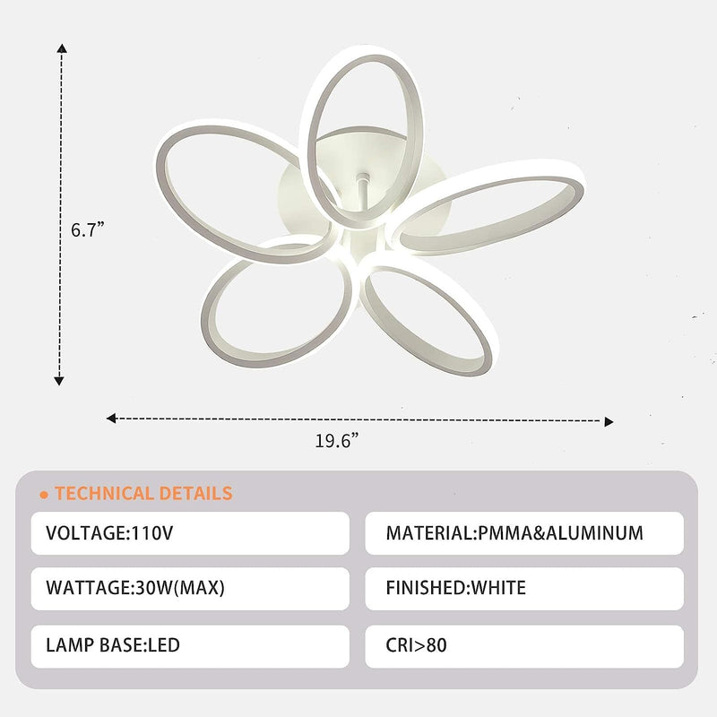 Modern LED Ceiling Light Fixture, 19.6'' 6000K Acrylic Ceiling Light, Semi Flush Mounted Ceiling Lamp Flower Shape for Dinning Room Bedroom Kitchen Hallway