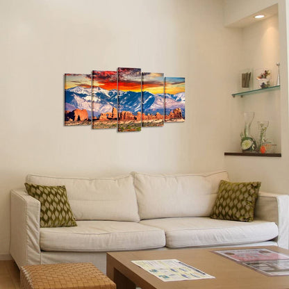 5 Pieces Modern Canvas Painting Wall Art Red Clouds and Cool Rocky Mountains in Arches National Park Utah Sunset Landscape Print on Canvas Giclee for Home Decor