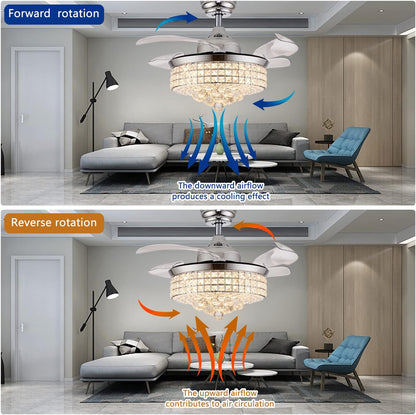 36" Crystal Ceiling Fan with Lights, Fandelier, Retractable Invisible Modern Ceiling Fan Chandelier with Remote Control for Bedroom Living Room Polished Modern Chrome Silver 6 Speed 3 Colors