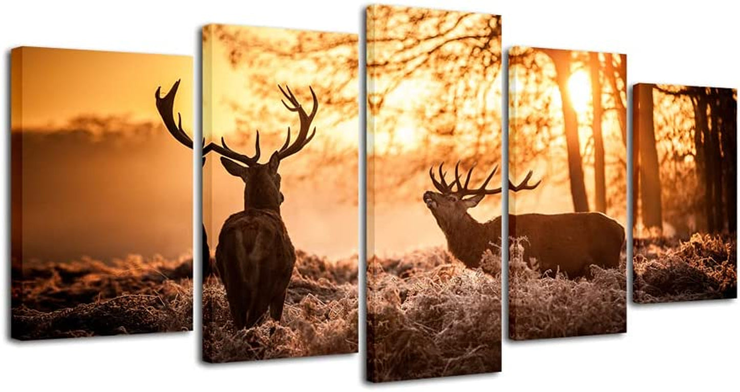 Brown Canvas Prints Wall Art Deer Elks in Autumn Sunset Forest Pictures Paintings for Living Room Bedroom Kitchen Home Decorations 5 Piece Modern Giclee Animal Scenery Landscape Artwork