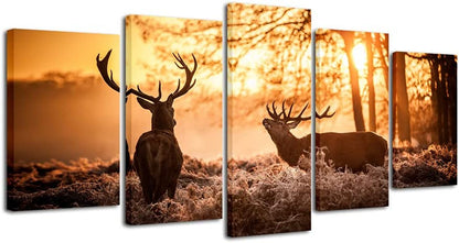 Brown Canvas Prints Wall Art Deer Elks in Autumn Sunset Forest Pictures Paintings for Living Room Bedroom Kitchen Home Decorations 5 Piece Modern Giclee Animal Scenery Landscape Artwork