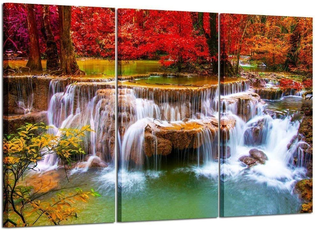 Large Canvas Print for Living Room Decoration Stretched 3 Pieces Green Dreamlike Waterfall Painting Wall Art Picture Print on Canvas High Definition Modern Home Decor 16X32Inchx3Pcs