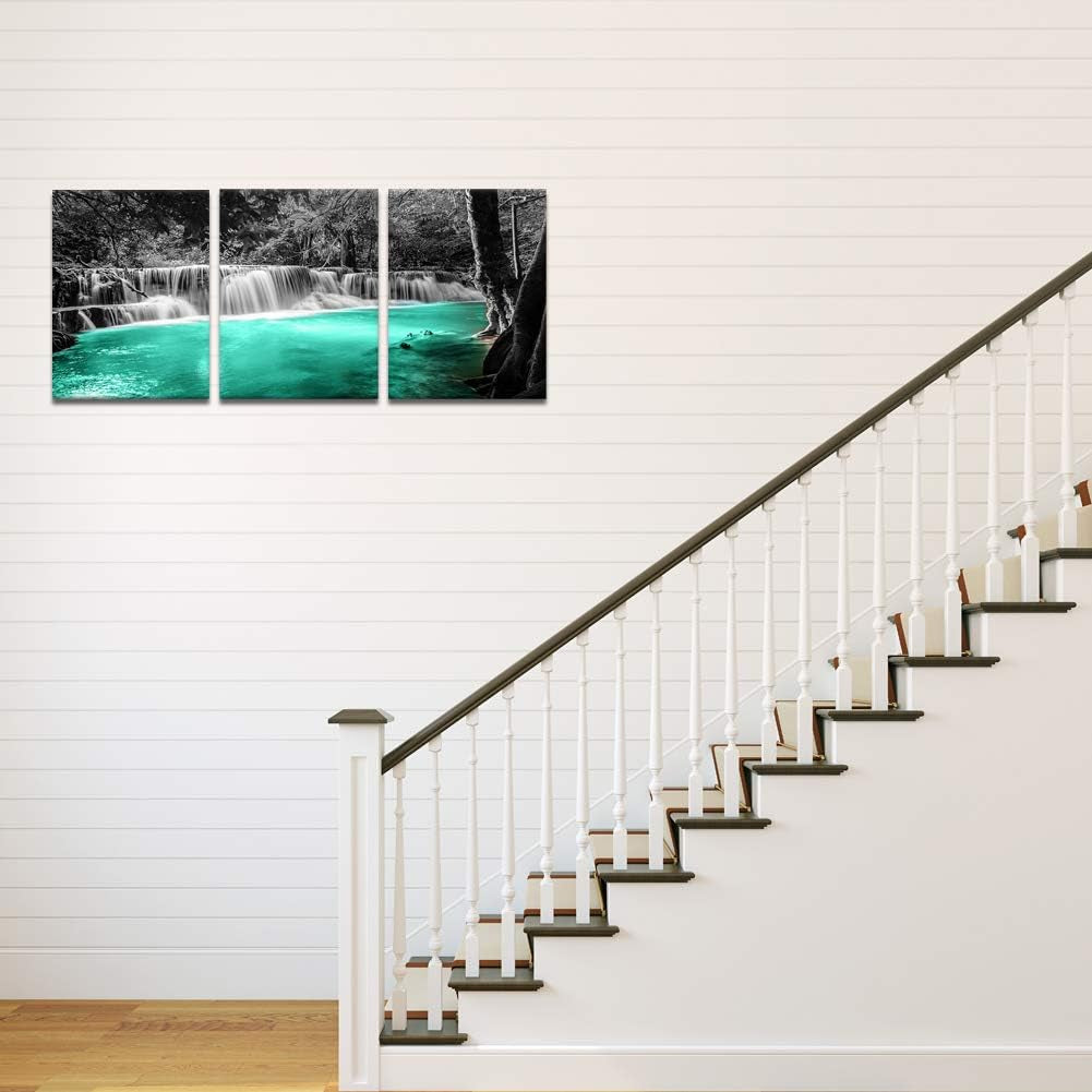 3 Pieces Black and White Teal Canvas Wall Art Dreamlike Forest Waterfall Picture Painting on Canvas Modern Nature Landscape Artwork for Bedroom Bathroom Decor Framed Ready to Hang