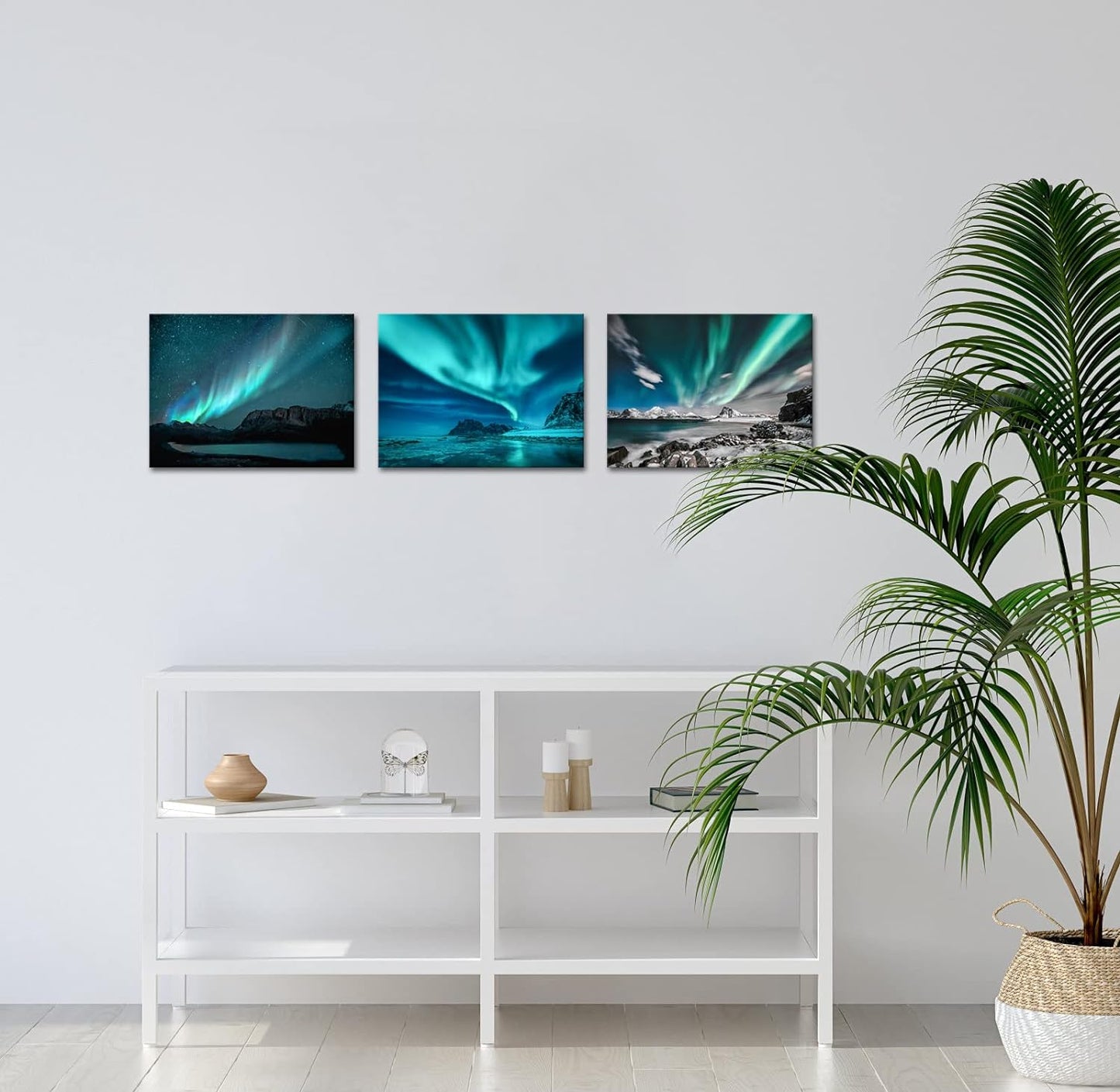3 Pieces Green Blue Aurora Wall Art Northern Light Canvas Prints on Picture Aurora Borealis Nature Starry Scenery Landscape Painting Modern Wall Decor for Home Bathroom Bedroom Ready to Hang