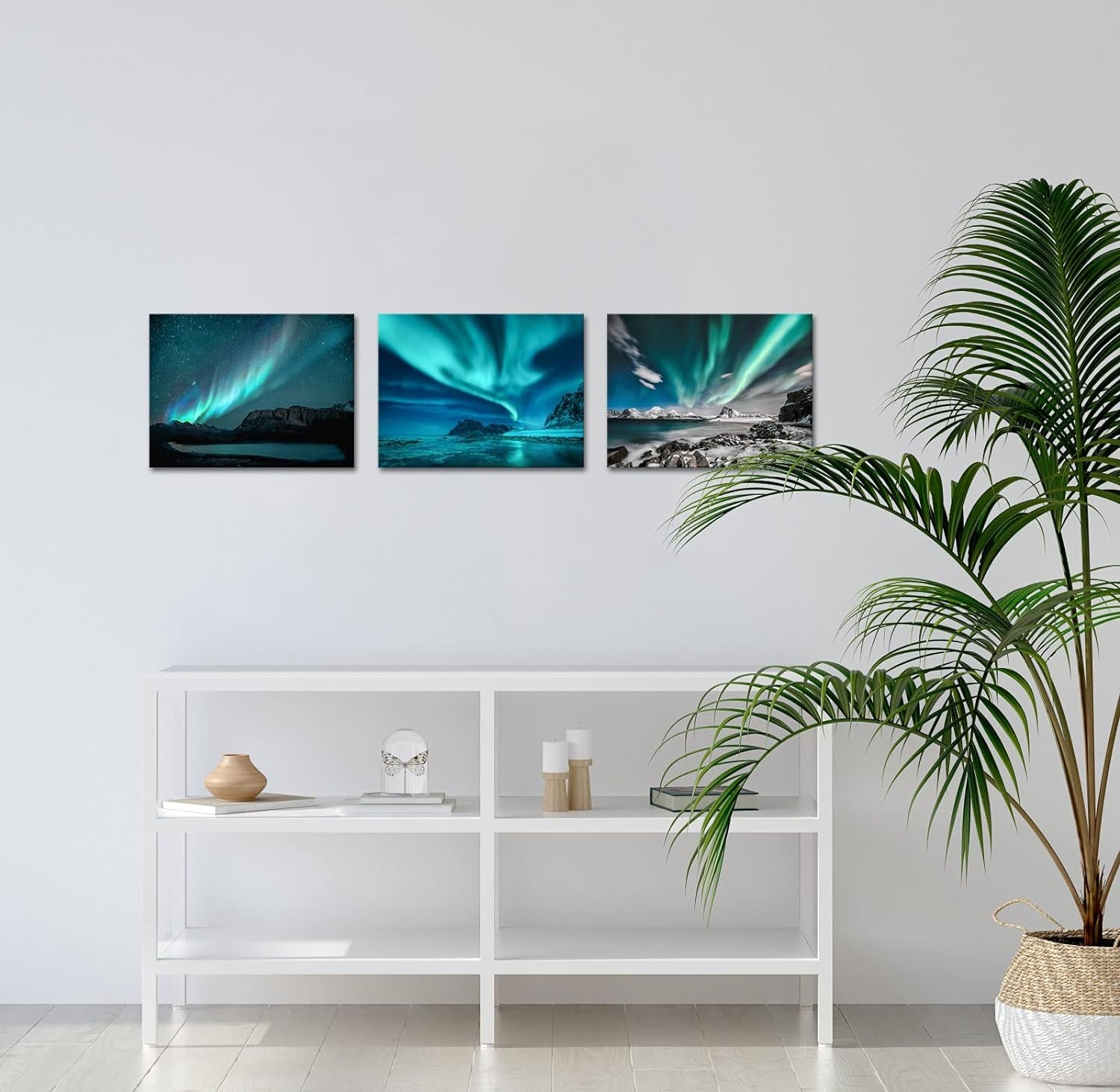 3 Pieces Green Blue Aurora Wall Art Northern Light Canvas Prints on Picture Aurora Borealis Nature Starry Scenery Landscape Painting Modern Wall Decor for Home Bathroom Bedroom Ready to Hang