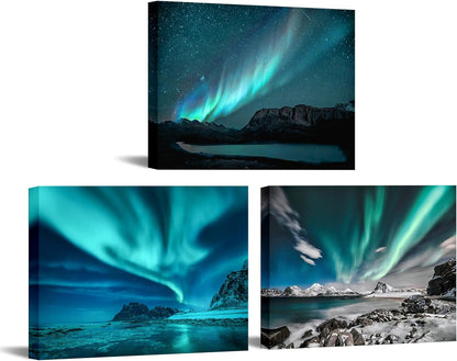 3 Pieces Green Blue Aurora Wall Art Northern Light Canvas Prints on Picture Aurora Borealis Nature Starry Scenery Landscape Painting Modern Wall Decor for Home Bathroom Bedroom Ready to Hang