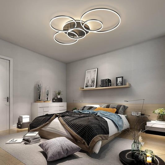 Modern LED Ceiling Light 106W Dimmable Acrylic Ceiling Lamp with Remote Control 6 Rings Circle Living Room Light Fixtures Ceiling Black Ceiling Chandelier Lighting for Bedroom Dining Room (5+1B01)