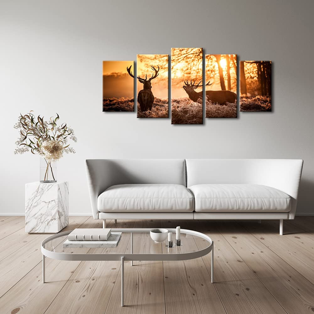 Brown Canvas Prints Wall Art Deer Elks in Autumn Sunset Forest Pictures Paintings for Living Room Bedroom Kitchen Home Decorations 5 Piece Modern Giclee Animal Scenery Landscape Artwork