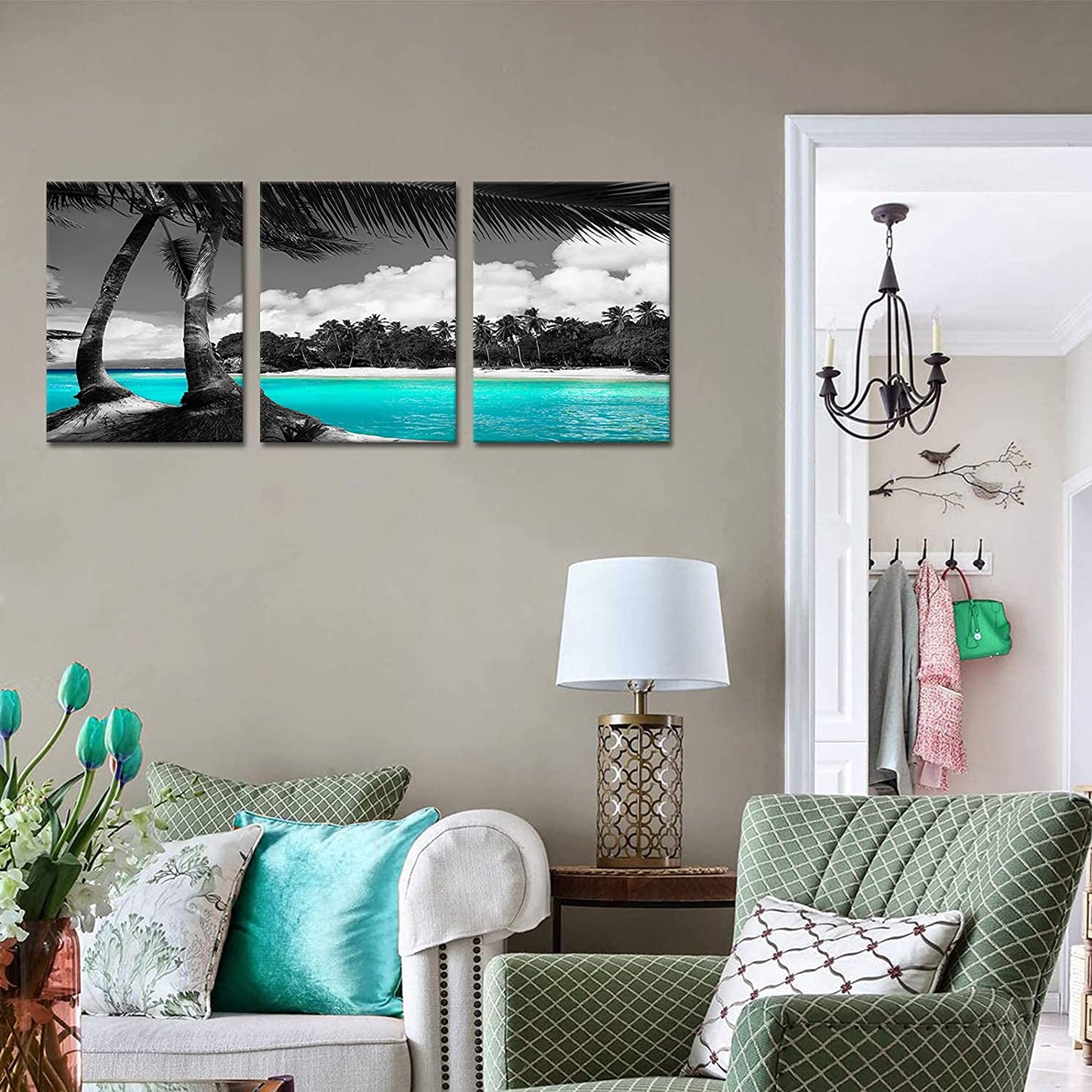 3 Panels Teal Canvas Wall Art Black and White Hawaii Beach Pictures Tropical Palm Tree Artwork Giclee Prints for Bathroom Office Wall Decoration Framed Ready to Hang Each Piece 12"X16"