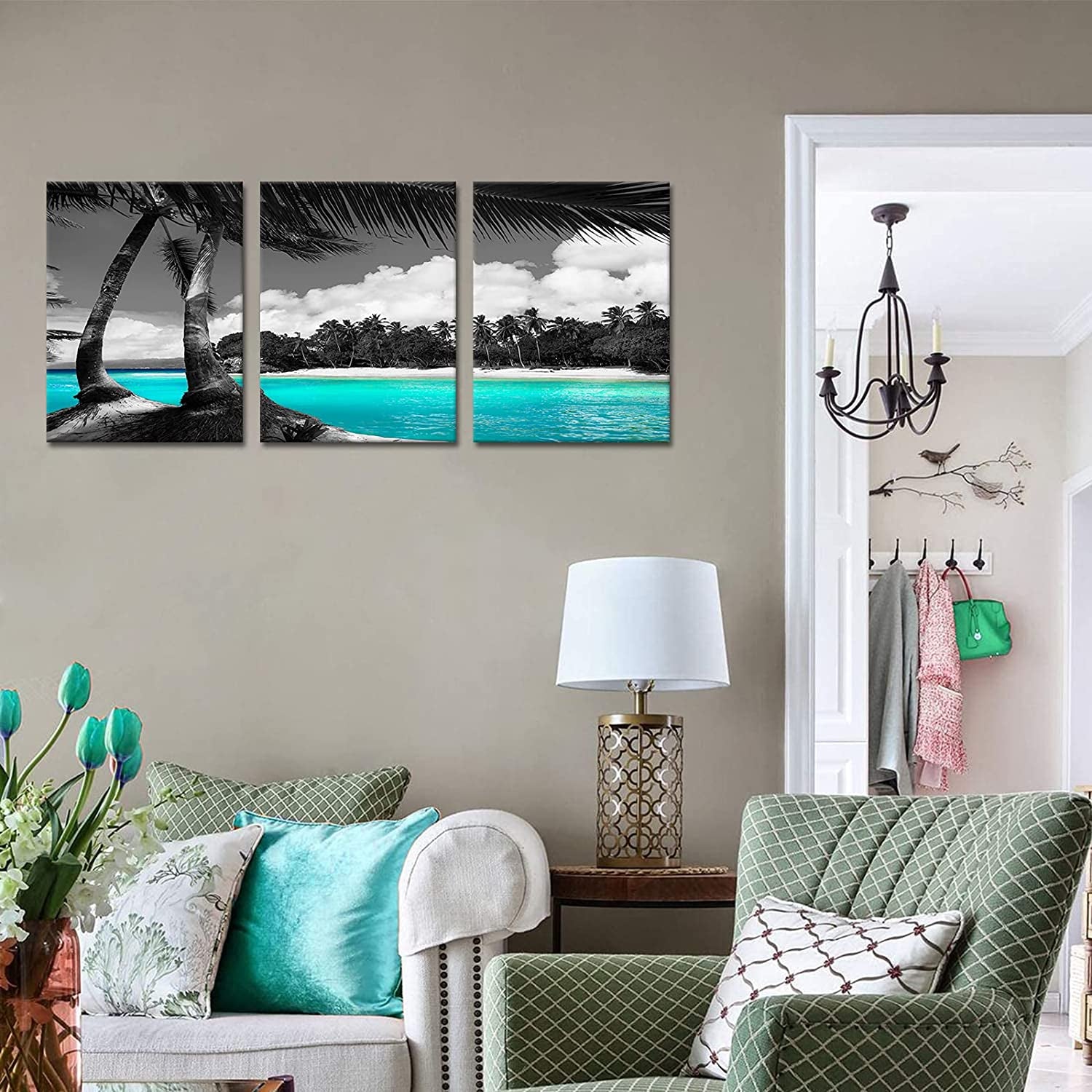 3 Panels Teal Canvas Wall Art Black and White Hawaii Beach Pictures Tropical Palm Tree Artwork Giclee Prints for Bathroom Office Wall Decoration Framed Ready to Hang Each Piece 12"X16"