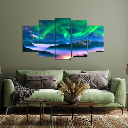 5 Piece Aurora Borealis Canvas Wall Art Northern Lights Picture Painting Giclee Print for Living Room Snowy Mountains Landscape Poster Framed Prints Art Ready to Hang (Large)