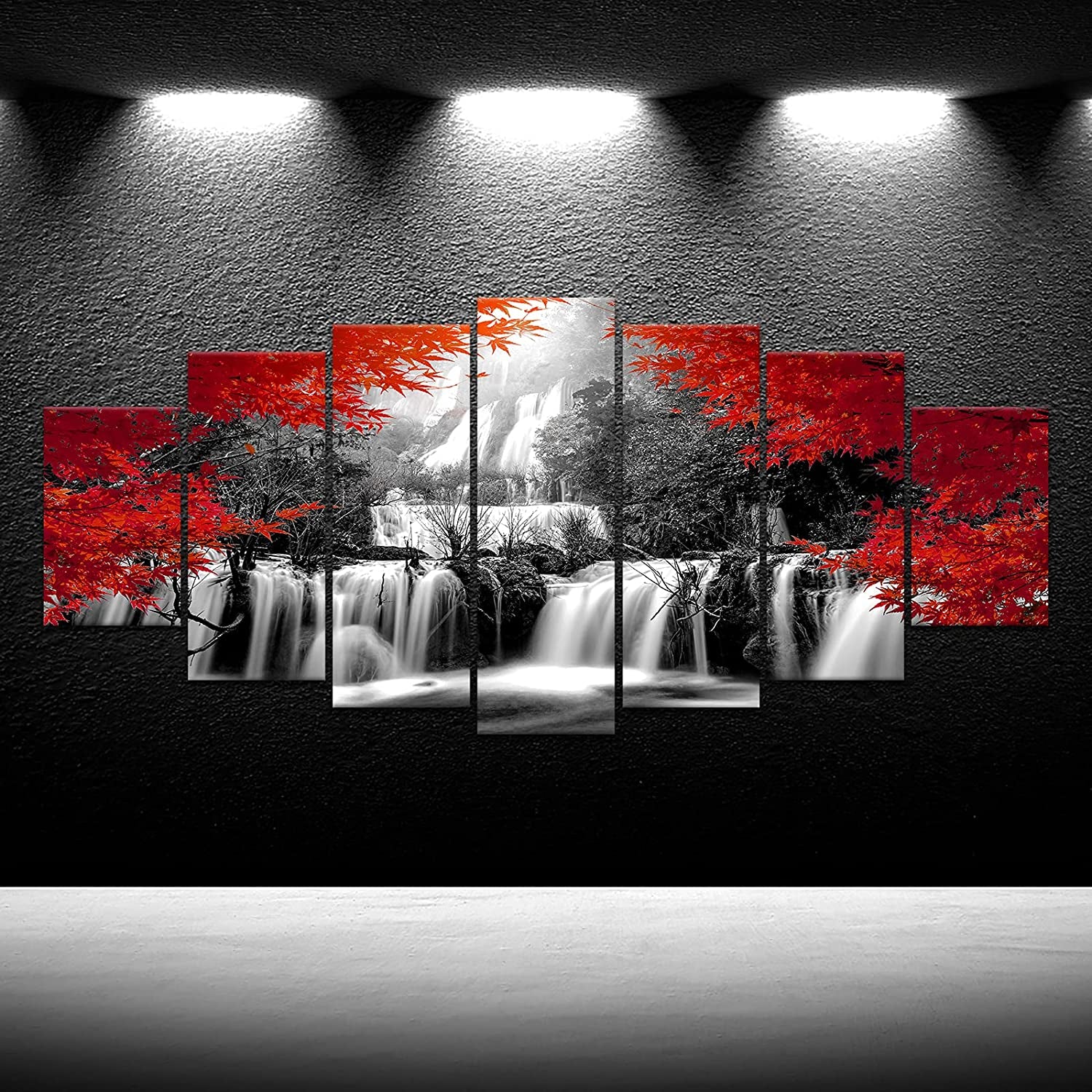 Xlarge 7 Pieces Black and Red Waterfall Canvas Wall Art Nature Forest Picture Prints Framed and Stretched Painting for Modern Living Room Office Decorations 70X32 Inch