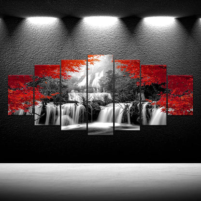 Xlarge 7 Pieces Black and Red Waterfall Canvas Wall Art Nature Forest Picture Prints Framed and Stretched Painting for Modern Living Room Office Decorations 70X32 Inch