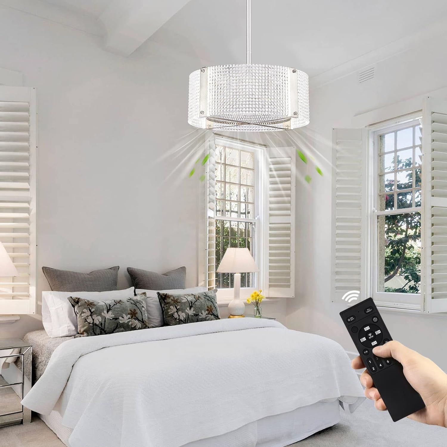 Ceiling Fans with Lights, Crystal Modern Flush Mount Ceiling Fan with Remote Control, Dimmable LED 6 Wind Speeds Low Profile Caged Ceiling Fan with Light for Bedroom Living Room