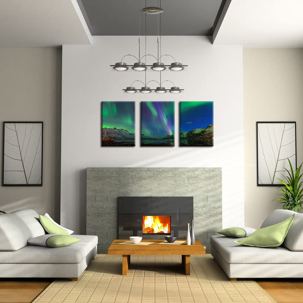 - Green Modern Aurora Borealis Iceland Landscape Northern Light Canvas Prints Picture Painting Framed Ready to Hang 12X16Inchx3Pcs