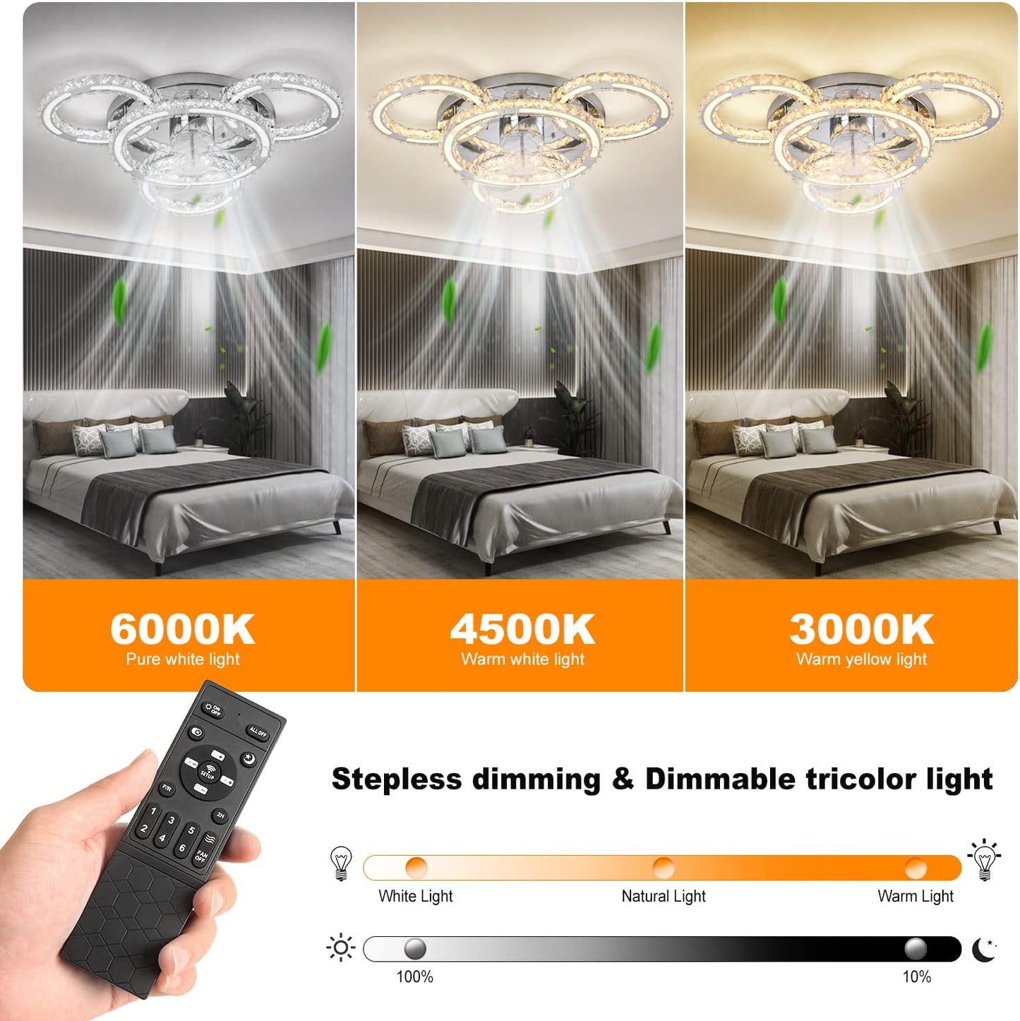 Chandelier Ceiling Fan with Lights，27.6" Flush Mount Celing Fan with 6-Speed LED Dimmable Crystal Ceiling Fan Invisible for Bedroom Living Room