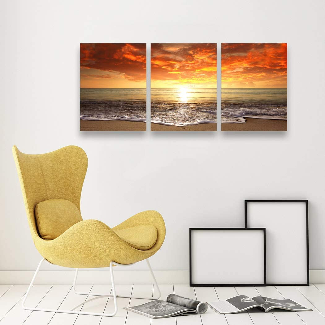S0134 Canvas Prints Wall Art Sunset Ocean Beach Pictures Photo Paintings for Kids Roomliving Room Bedroom Home Decorations Stretched and Framed Seascape Waves Landscape Giclee Artwork