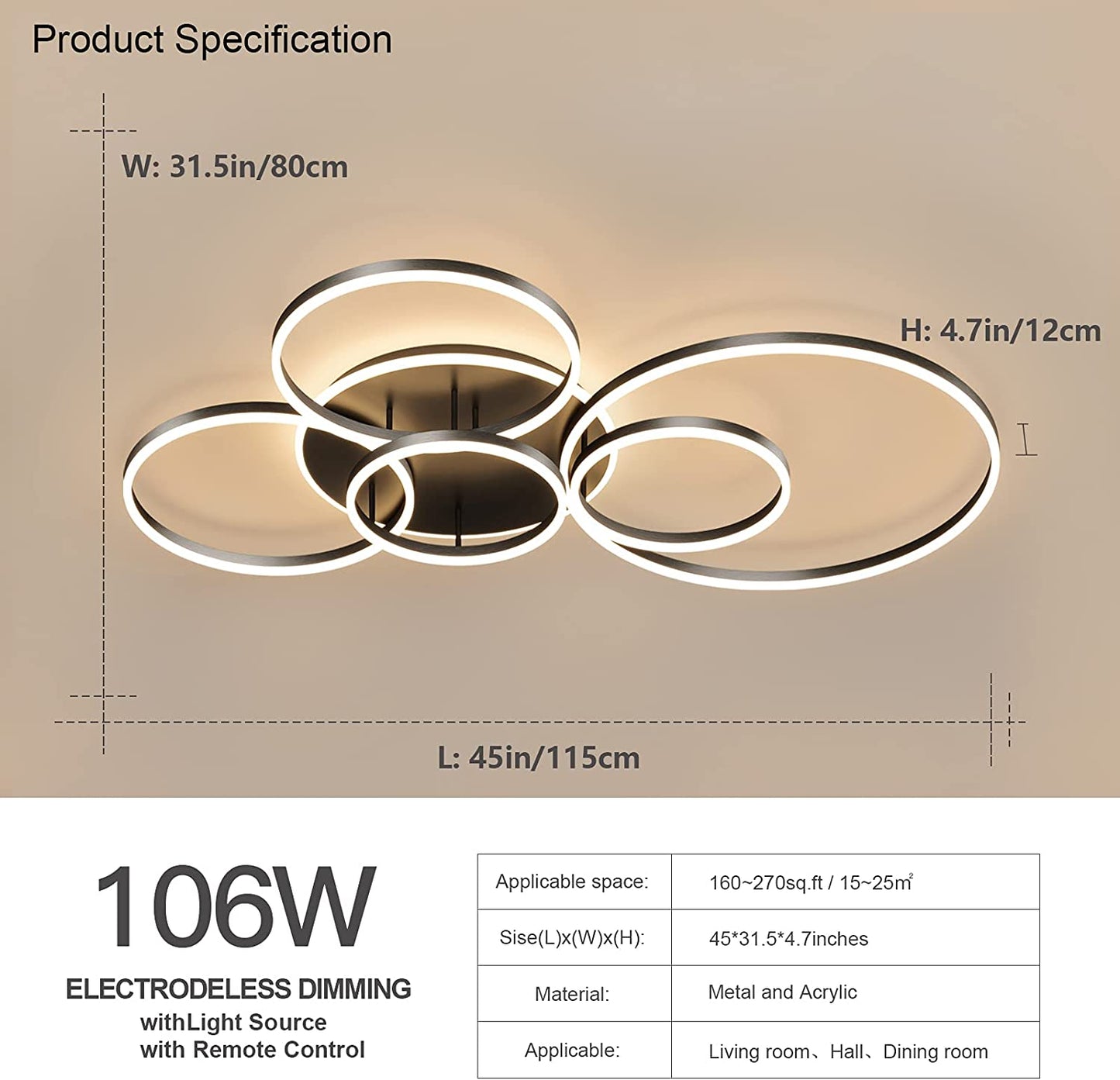 Modern LED Ceiling Light 106W Dimmable Acrylic Ceiling Lamp with Remote Control 6 Rings Circle Living Room Light Fixtures Ceiling Black Ceiling Chandelier Lighting for Bedroom Dining Room (5+1B01)