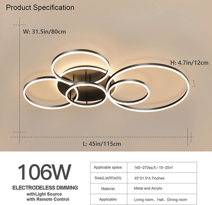 Modern LED Ceiling Light 106W Dimmable Acrylic Ceiling Lamp with Remote Control 6 Rings Circle Living Room Light Fixtures Ceiling Black Ceiling Chandelier Lighting for Bedroom Dining Room (5+1B01)