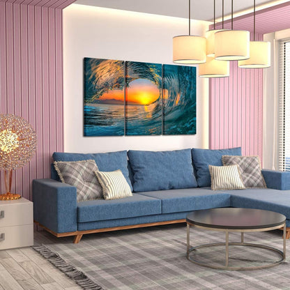 Large 3 Pieces Canvas Prints Wall Art Sunset Sea Water Ocean Wave Pictures Paintings Modern Stretched and Framed Seascape Giclee Artwork Ready to Hang for Living Room Home Decorations