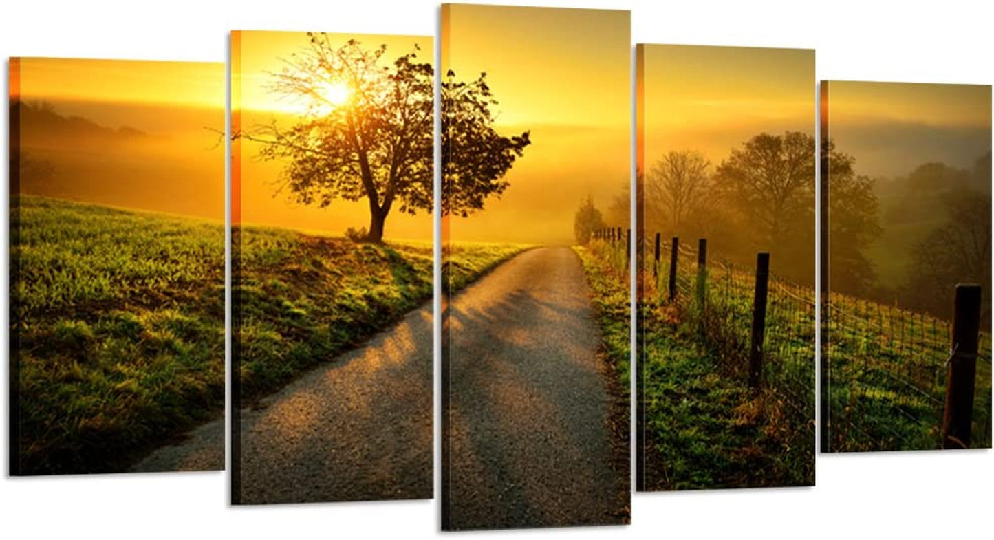 - Large 5 Piece Canvas Wall Art Idyllic Rural Landscape in Golden Light Dawn Farm Tree Picture Prints Modern Home Decor Stretched and Framed Ready to Hang (Large Size 60X32Inch)