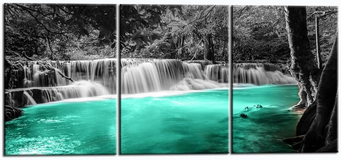 3 Pieces Black and White Teal Canvas Wall Art Dreamlike Forest Waterfall Picture Painting on Canvas Modern Nature Landscape Artwork for Bedroom Bathroom Decor Framed Ready to Hang