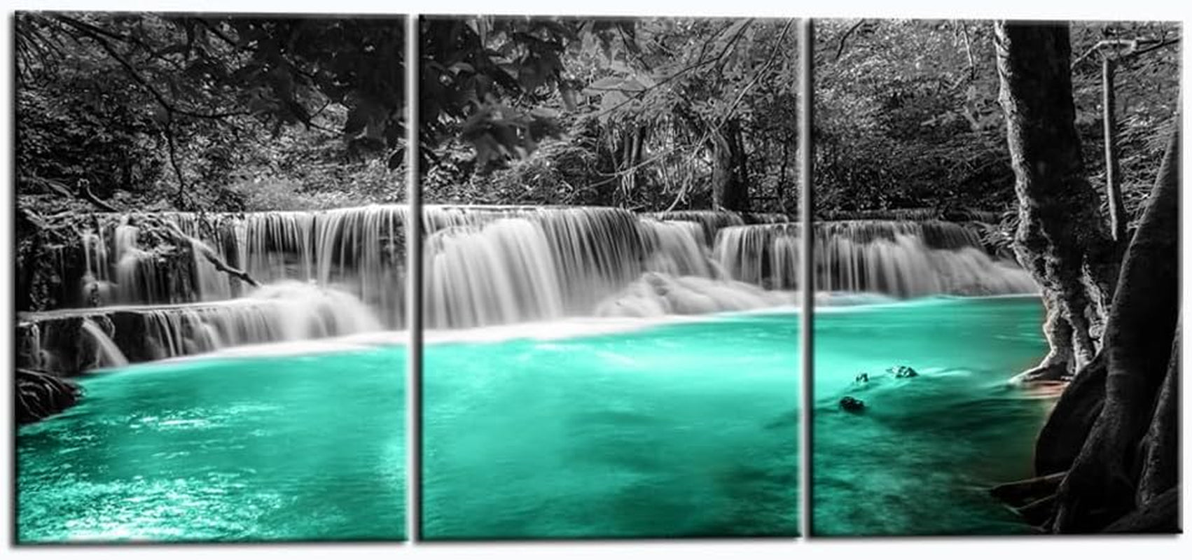 3 Pieces Black and White Teal Canvas Wall Art Dreamlike Forest Waterfall Picture Painting on Canvas Modern Nature Landscape Artwork for Bedroom Bathroom Decor Framed Ready to Hang