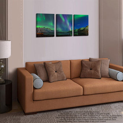 - Green Modern Aurora Borealis Iceland Landscape Northern Light Canvas Prints Picture Painting Framed Ready to Hang 12X16Inchx3Pcs