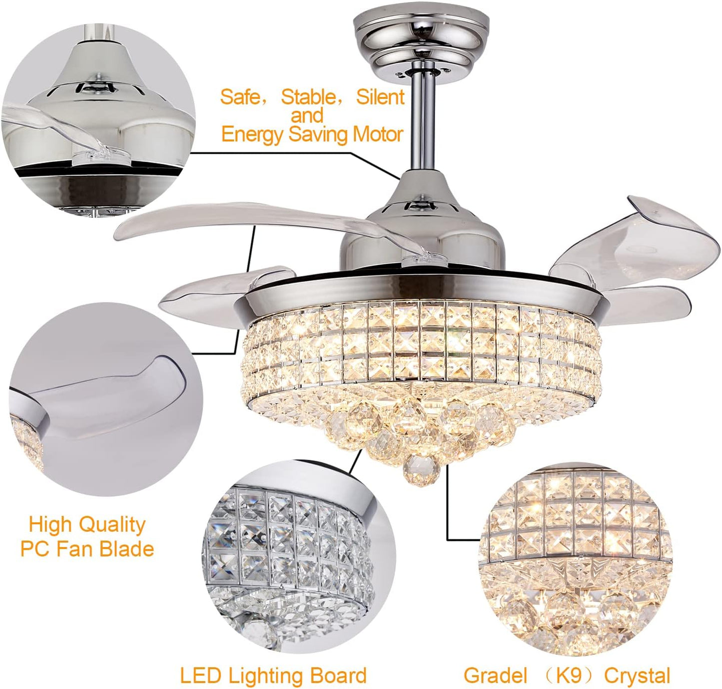 36" Crystal Ceiling Fan with Lights, Fandelier, Retractable Invisible Modern Ceiling Fan Chandelier with Remote Control for Bedroom Living Room Polished Modern Chrome Silver 6 Speed 3 Colors