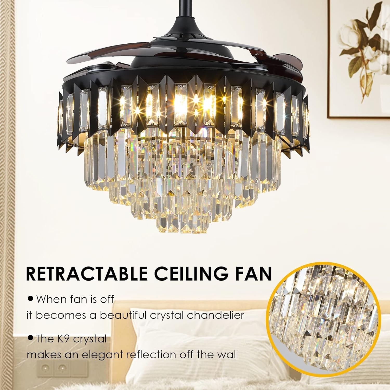 Crystal Retractable Chandelier Ceiling Fan, Retractable Ceiling Fans with Lights Remote, Dimmable with Memory Function,Crystal Fandelier Ceiling Fans for Living Room, Bedroom, Dining Room (42")