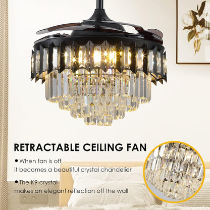 Crystal Retractable Chandelier Ceiling Fan, Retractable Ceiling Fans with Lights Remote, Dimmable with Memory Function,Crystal Fandelier Ceiling Fans for Living Room, Bedroom, Dining Room (42")