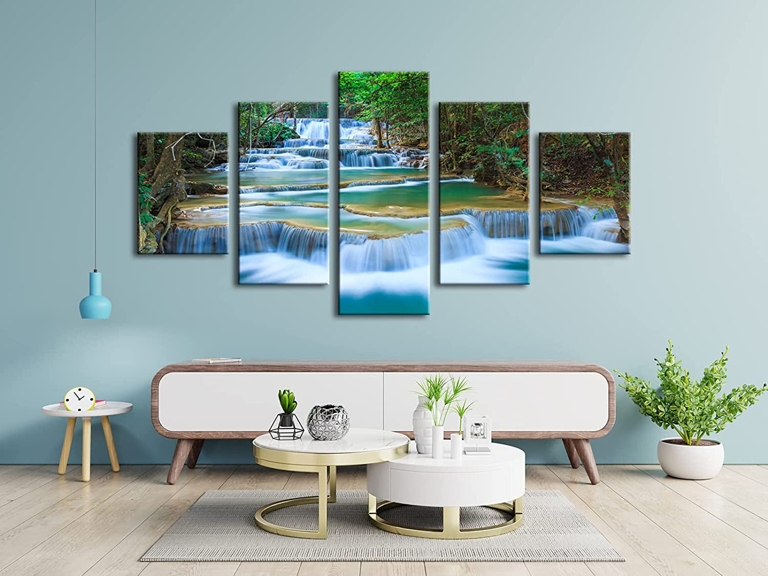 Peaceful Waterfall 5 Panels Large Canvas Paintings Wall Art Modern Gallery Wrapped Landscape Forest Giclee Canvas Print Artwork Photo Pictures for Living Room Bedroom Home Decorations L
