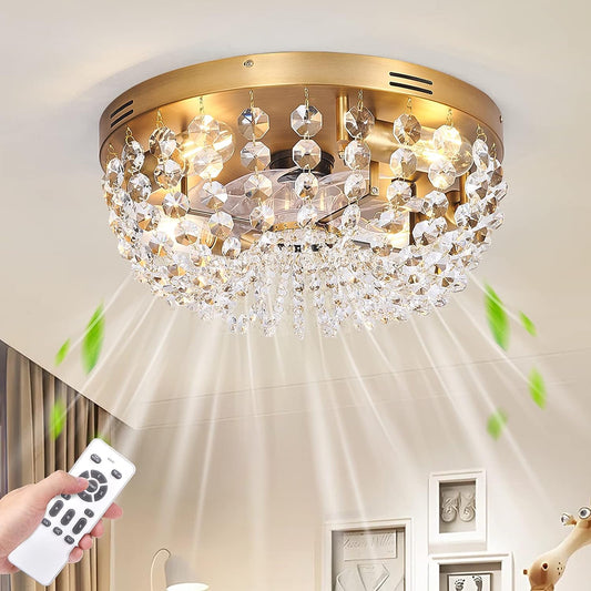 Ceiling Fan with Light Flush Mount Modern, Small Low Profile Boho Ceiling Fan with Light Remote Control, Crystal Caged Ceiling Fan with Smart Lighting /6 Speed/Timing for Bedroom Living Room（Gold）